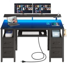  Computer Desk 47.2" with LED Lights & Power Outlets, Home 47.2 inch Black