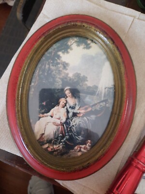 Vintage Jean Batiste  Hilaire Print Oval Wood Gold  Framed Music Lesson Italy 