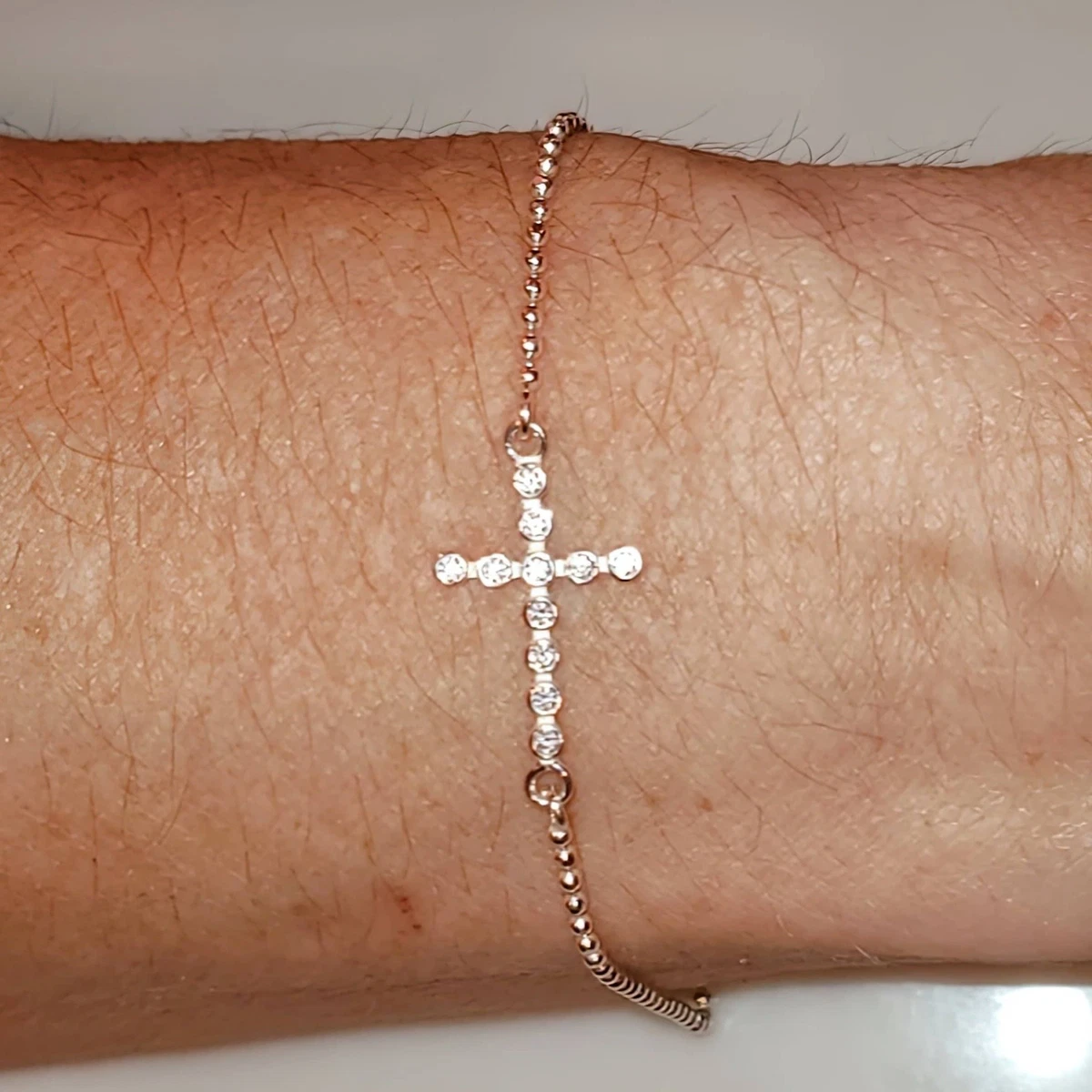 Sideways Cross Beaded Bracelet Sterling Silver with CZ Stones eBay
