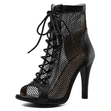 Sexy High Heels Hollow Mesh Summer Peep Toe Boots Stilettos Jazz Dance Sandals