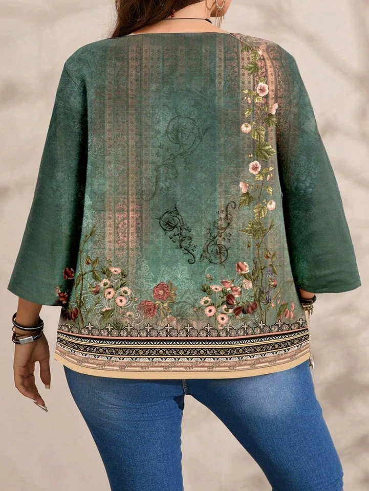 Plus Size Women's Casual Allover Print Shirt Round Neck 3/4 Sleeve Loose Fit Top - image 2 of 4