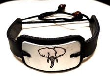 Elephant on Silver Plate - Adjustable Leather Bracelet -