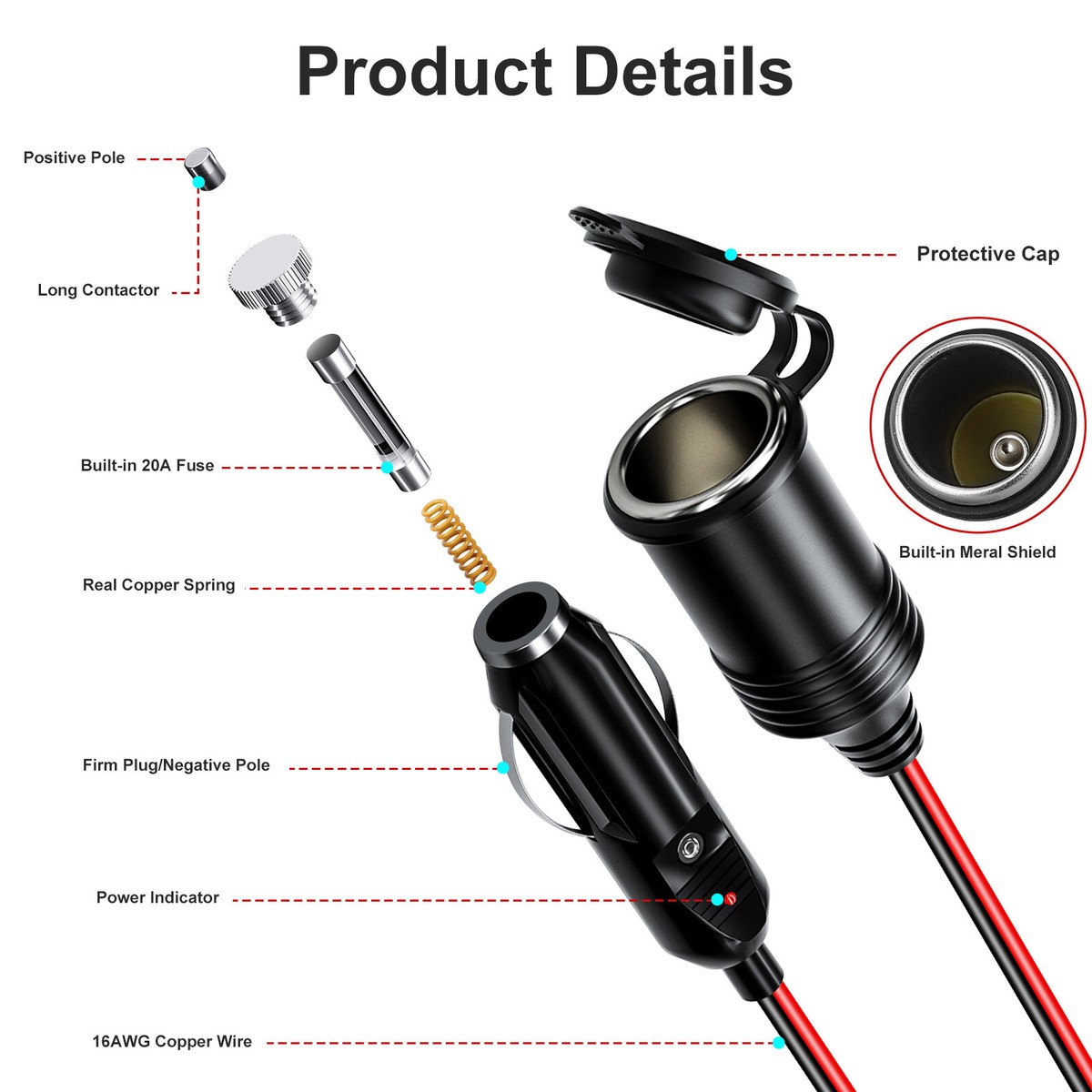 cigarette lighter extender cable 16AWG 12V-24V Car Auto Extension Cord Socket Extention Made from a high Xprite CIGA-EXT-001-2M 12V 6.5' Cigarette