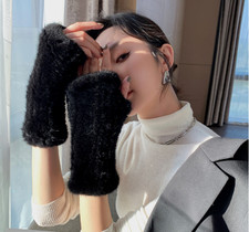 8 inch Women's Real Mink Fur Gloves Fingerless Knitted Wrist Cuffs Warm Sleeves