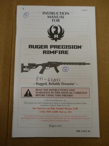 2021 Ruger Precision Rimfire Rifle Instruction Owners Operators Manual, PM697