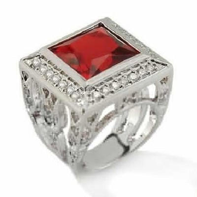 HSN Silvertone Princess Cut Red Gemstone & Round Crystal Halo Ring Size 6