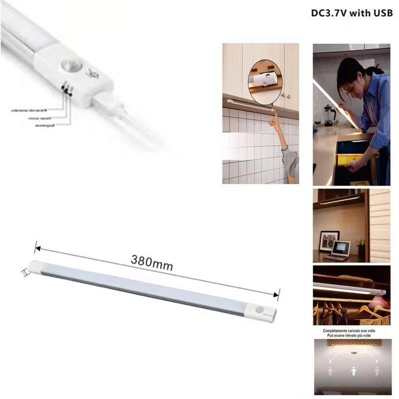 BARRA LED CUCINA LUCE NATURALE SENSORE MOVIMENTO SOTTO PENSILE RICARICABILE 38CM - Immagine 2 di 2