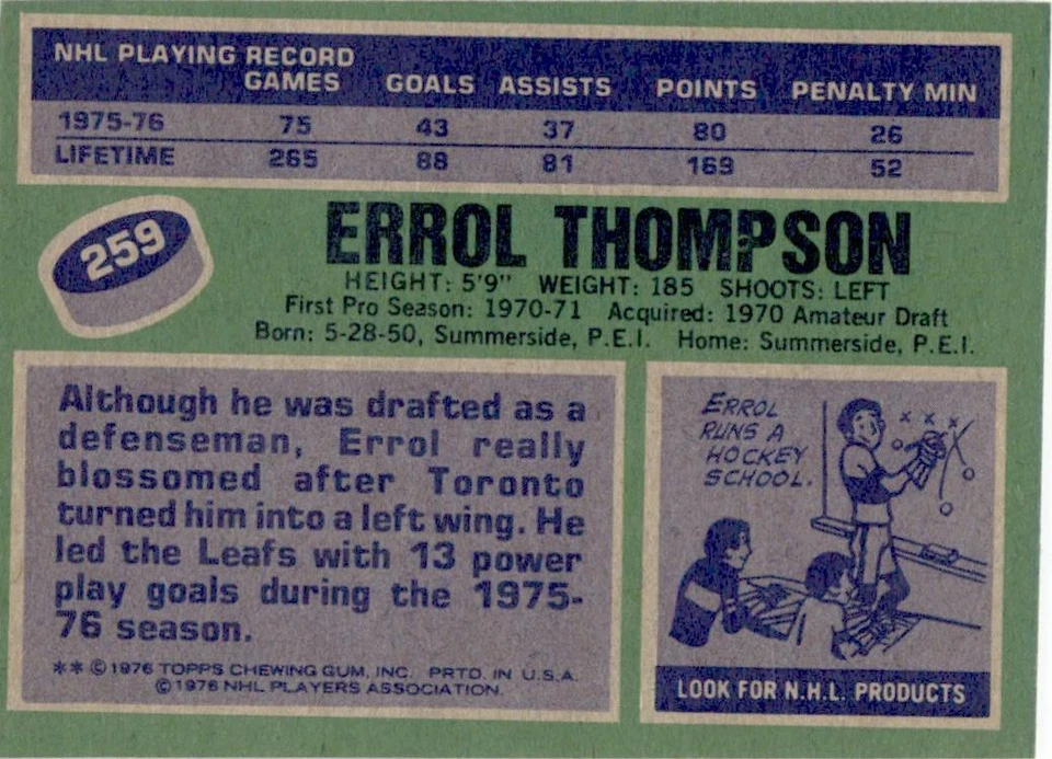 1976 Topps #259 Errol Thompson Toronto Maple Leafs EX - Image 2 of 2