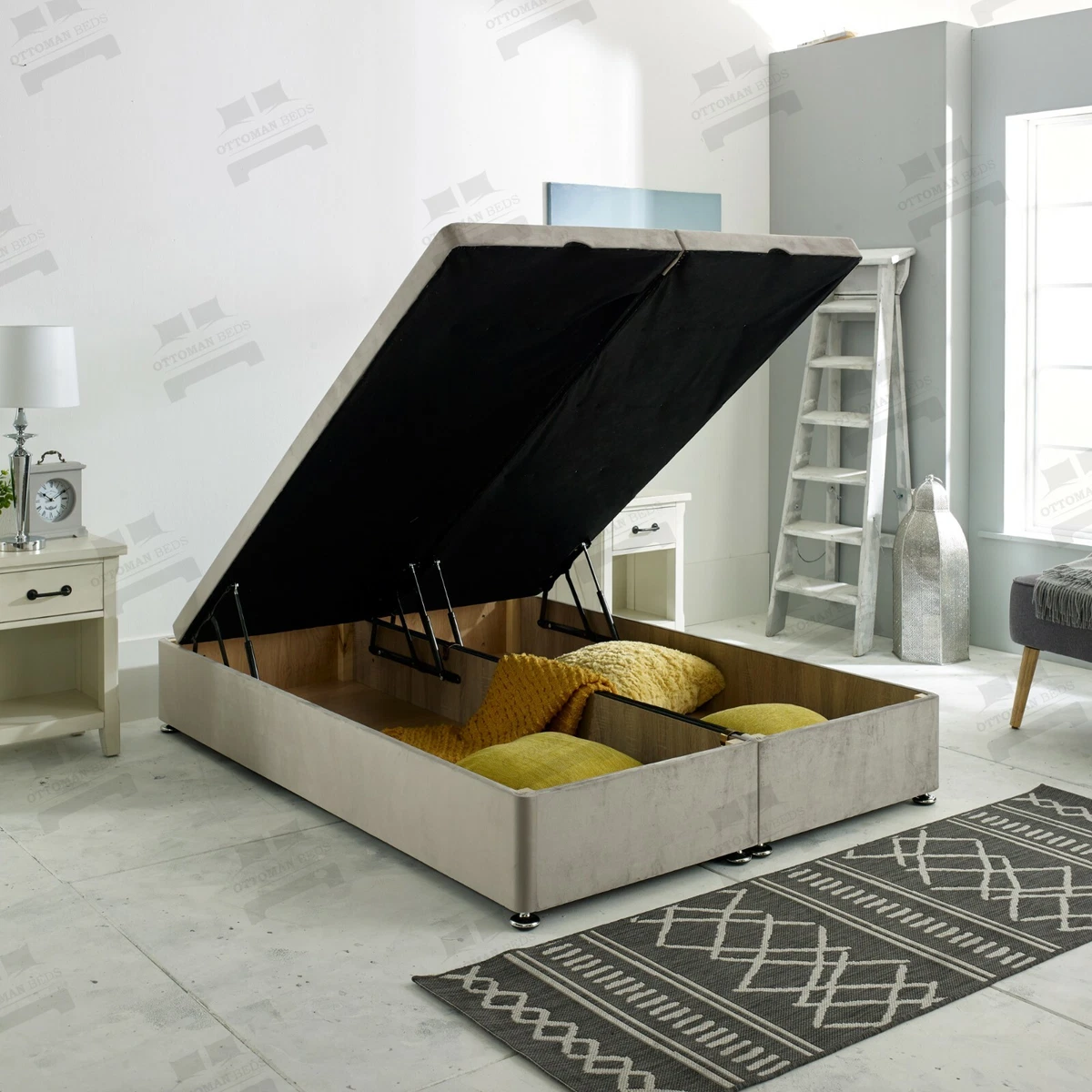 Upholstered bed with drawers underneath outlet