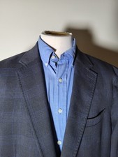 48R Blue Glen Check Plaid Top Stitch Lightweight Wool Suit Blazer Jacket Haggar