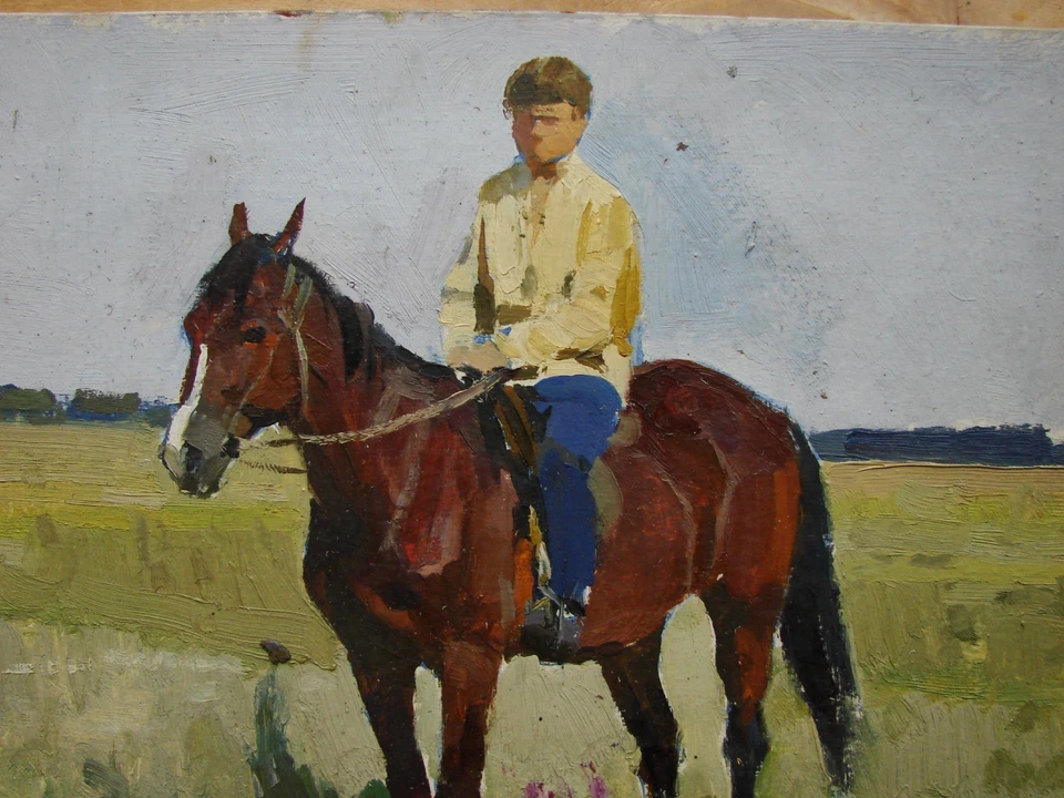 Ukrainian Soviet USSR Oil Painting impressionism realism young horseman rider - Image 2 of 4