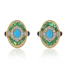 David Webb Platinum & 18K Yellow Gold Turquoise emerald And Diamond Clip Earring