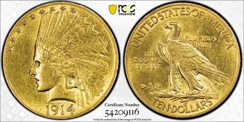 1914 $10 Gold Eagle Indian Head PCGS AU58 Gold Shield