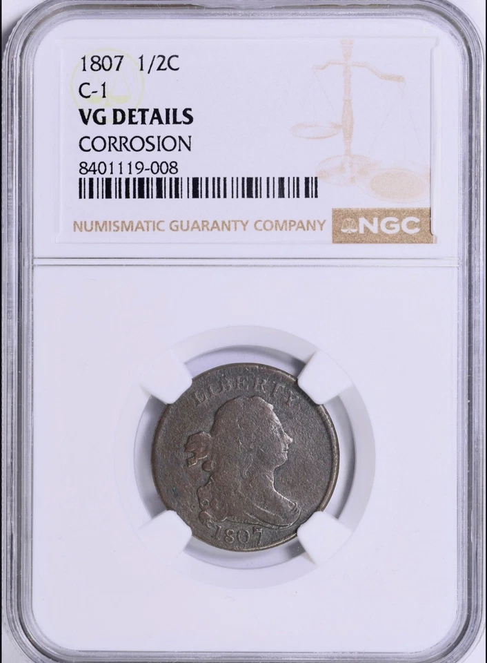 Busto drapeado 1807 medio centavo Cohen 1 NGC VG detalles Foto 3 de 3
