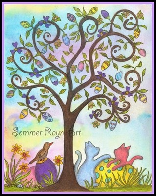 Easter Eggs, Colorful eggs in a tree with pastel Cats card or print, Item #0537