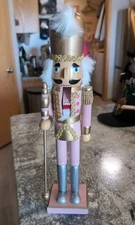 Bella Lux Wooden 14.5” Nutcracker Soldier Pink Gold Glitter Christmas Home Decor