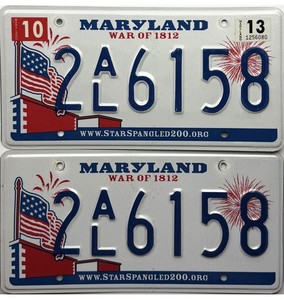 2013 Maryland War Of 1812 License Plate PAIR #2AL6158