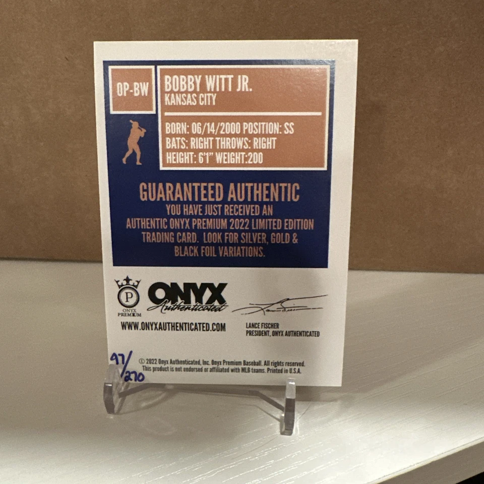 Onyx Premium Gold 2022 Bobby Witt Jr. Rookie RC On-Card Auto 47/270 Royals Foto 4 de 4