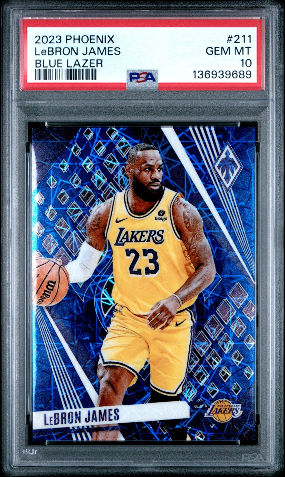 2023 2023-24 Panini Phoenix Lebron James #211, BLUE LAZER PRIZM /275, PSA 10