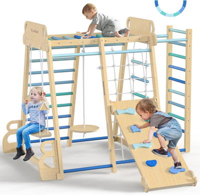 Upgraded Indoor Jungle Gym 9-In-1 Playground Kids Climbing Toys, Waldorf Style W