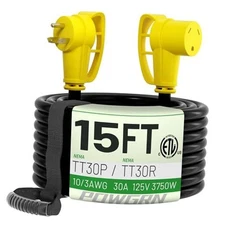  30 Amp RV Extension Cord Outdoor with Grip Handle, 15 FT 30 AMP (TT-30P/R)