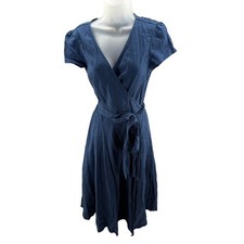 Polo Ralph Lauren Navy Blue 100% Linen Wrap Midi Dress Womens Size 8 New