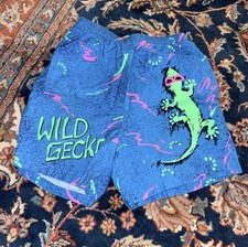 Gecko Hawaii Swim Shorts Men's Small Blue Neon Run Wild USA Made VINTAGE