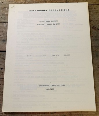 Walt Disney Productions Disney News Summary March 6 1985 Corporate Communication