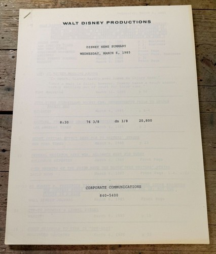 Walt Disney Productions Disney News Summary March 6 1985 Corporate Communication