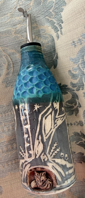 Liz Butler Door County Pottery Slumbering Fox Signed Oil Bottle