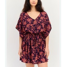 Lands’ End Floral Print Swim Coverup Dress Navy Pink V-Neck Cinch Waist Boho M/L