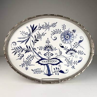 Vintage Blue Onion Porcelain Gallery Serving Tray Large 19'' Oval Platter
