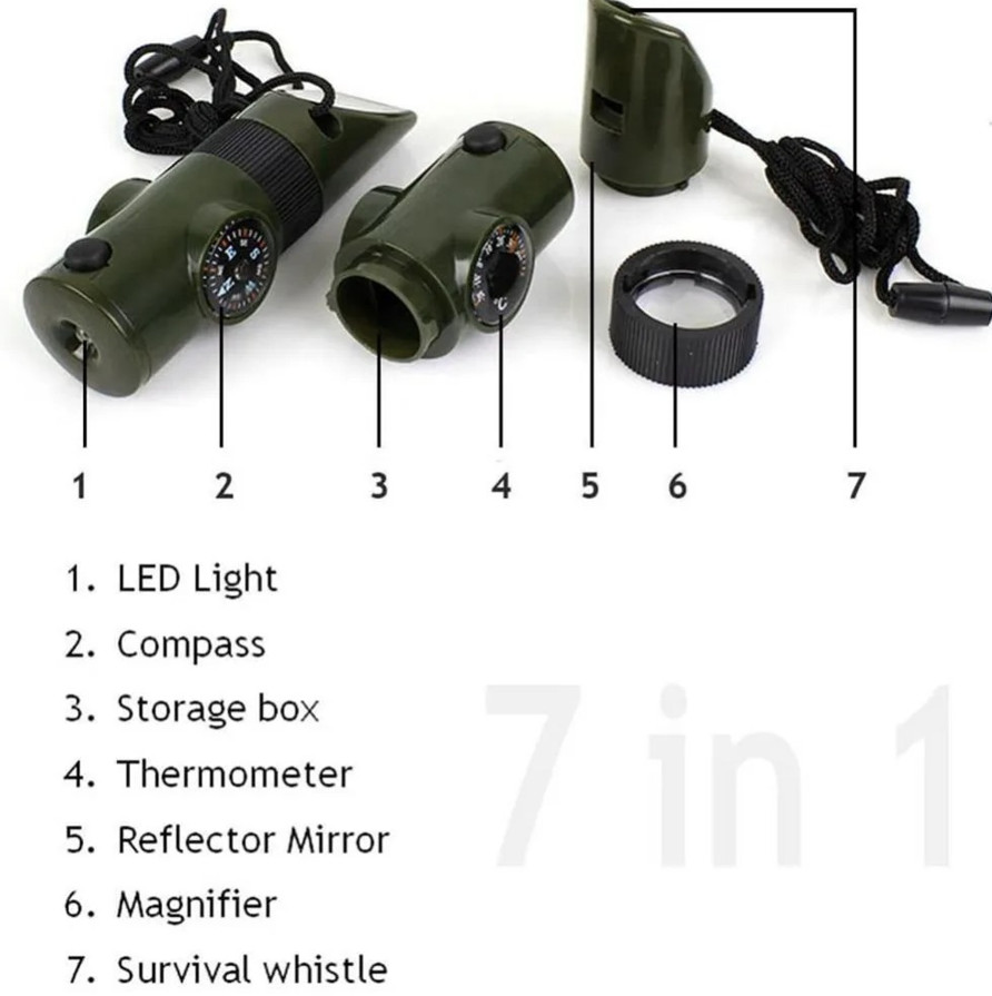 1pc 7-in-1 Jungle Survival Whistle Compass LED Thermometer Outdoor Tool - NEW