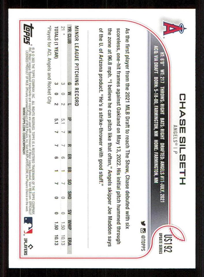 2022 Topps Update #US192 Chase Silseth RC - Image 2 of 2