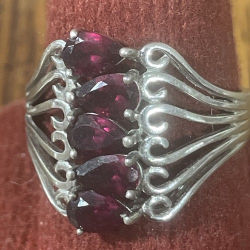 DK 925 Vtg. Sterling Rhodolite Ring Scrolling Features Pear Shaped Garnet Sz 10 - Picture 3 of 8