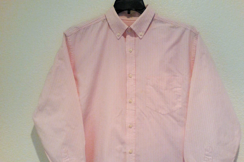 Camisa de vestir para hombre con botones de gloria descoloridos, manga larga, rosa con rayas blancas, M Foto 2 de 4
