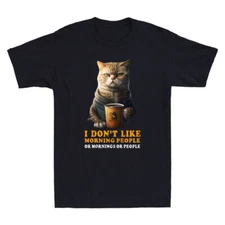 I Dont Like Morning People Funny Angry Cat Drink Coffee Meme Retro Men's T-Shirt