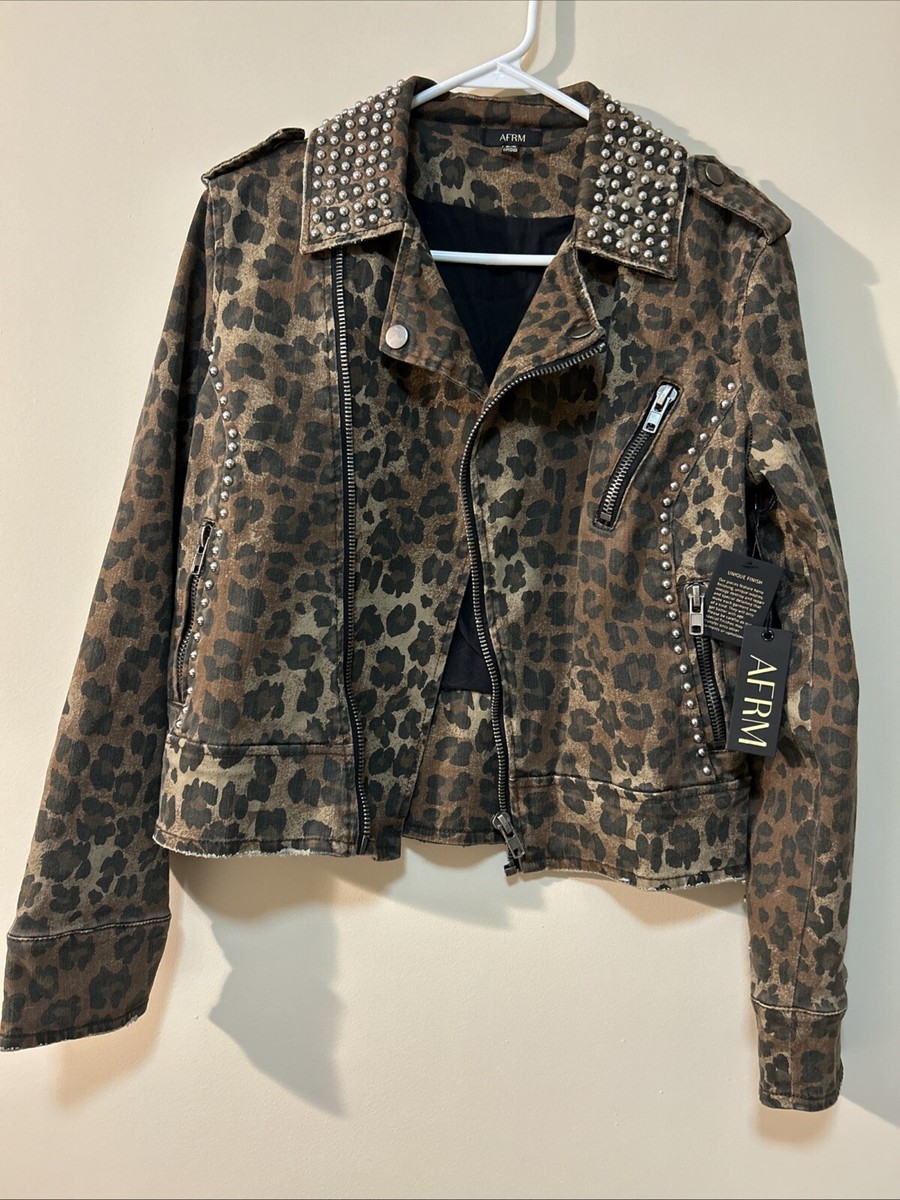 Brand NEW AFRM Studded Leopard Print Moto Jacket Size Medium