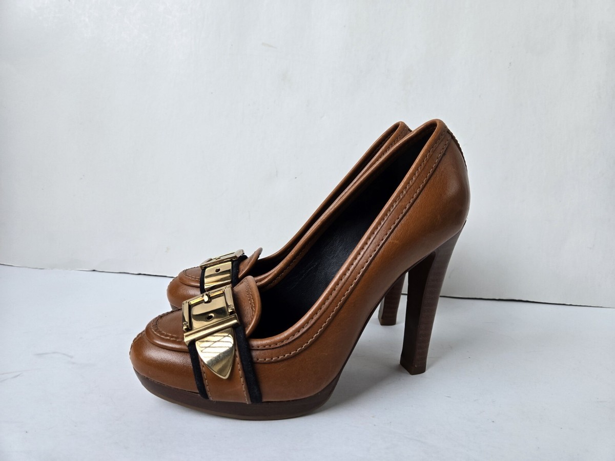 TORY BURCH Belinda Brown Leather Buckle Heels Size-6M | eBay