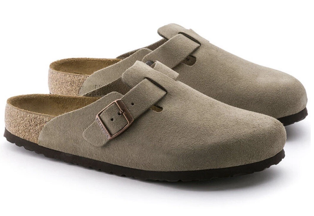 Birkenstock Boston Taupe Suede Soft Foot Bed Women Clogs Narrow