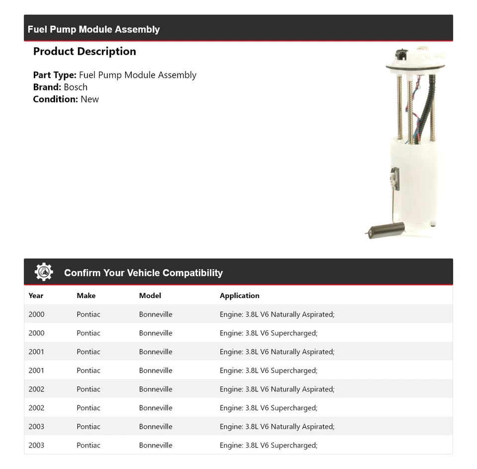 For 2000-2003 Pontiac Bonneville Bosch Fuel Pump Module Assembly 2001 2002 Foto 2 de 4