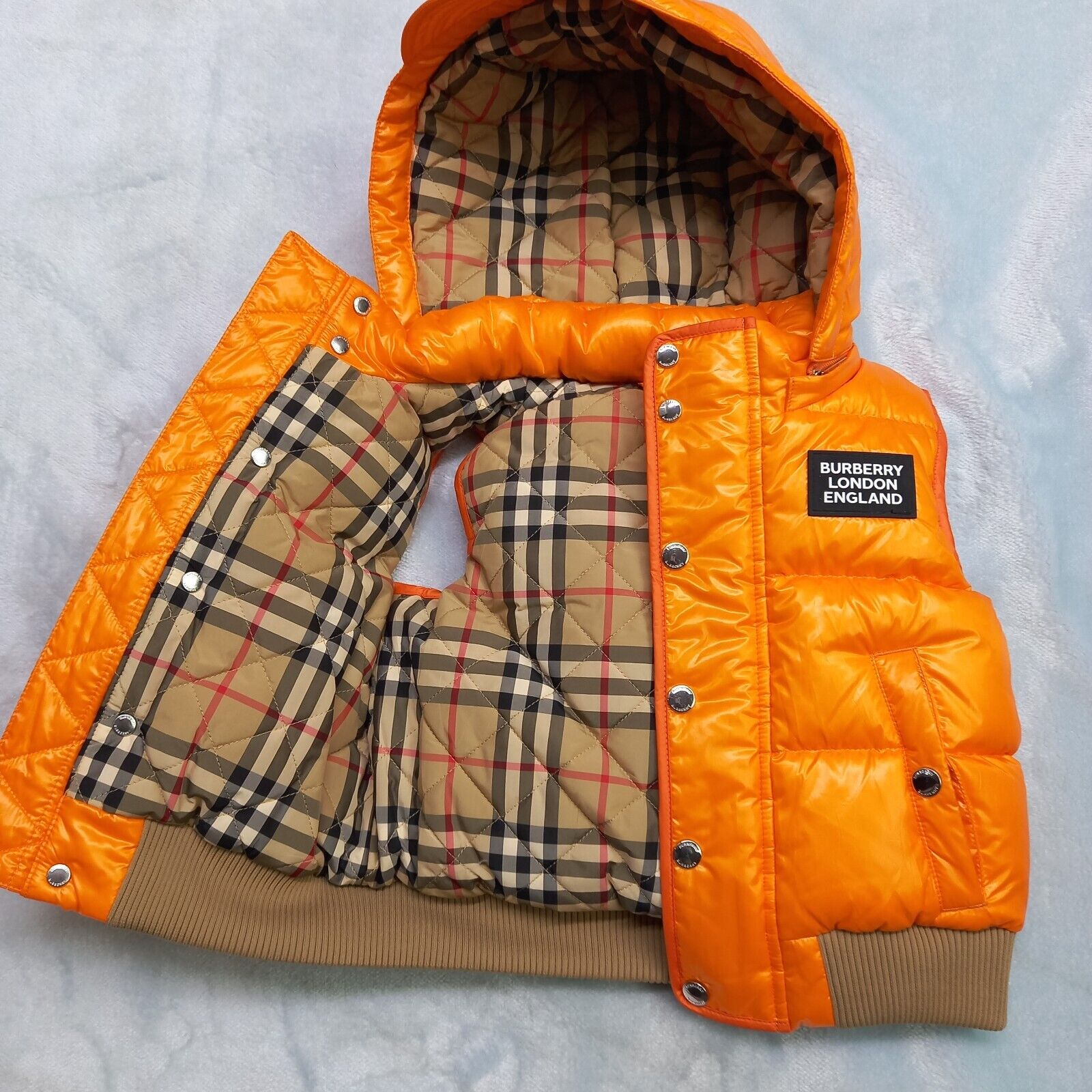 Burberry London Puffer Jacket Gilet Nova Ckeck Hooded Vest Baby Orange Size  2Y