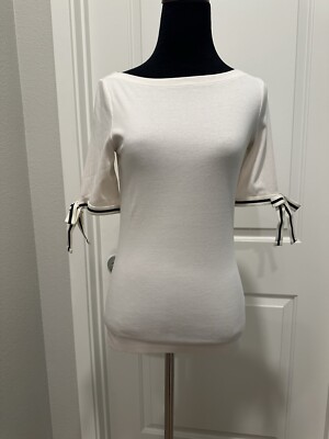 Classic White Top Lauren Ralph Lauren w/bows at sleeves Boat neck Preppy S 
