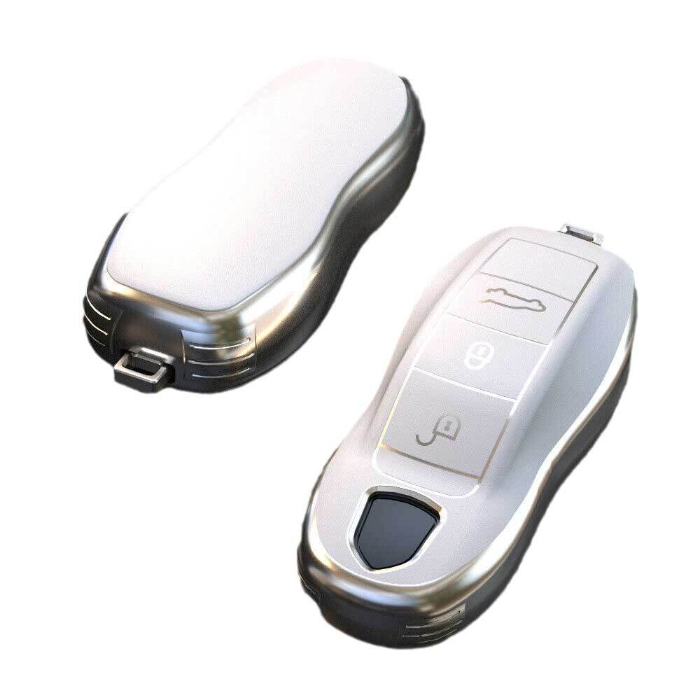 Soft TPU Key Fob Case With Button Cover For Porsche Cayenne Macan Cayman 911 – Chrome Metallic Look, Anti-Vibration Holder