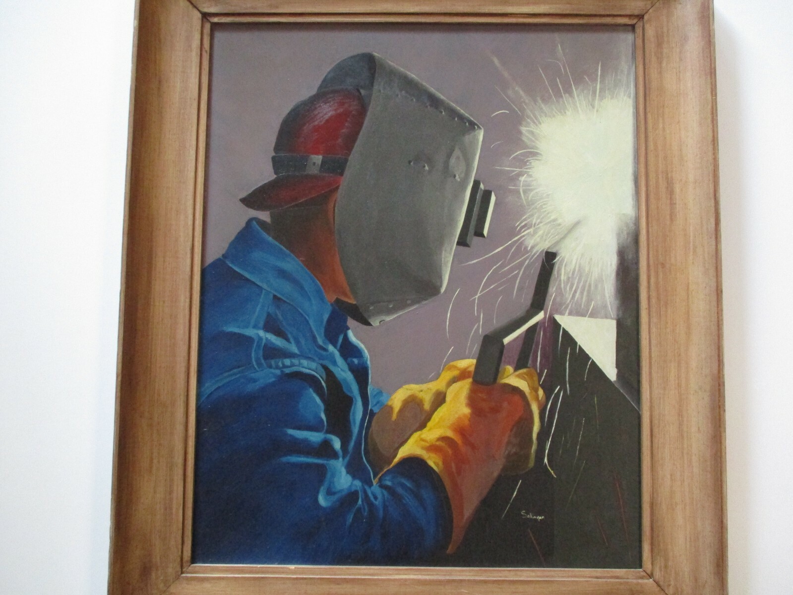 ANTIQUE PAINTING INDUSTRIAL PORTRAIT WORKER WELDER METAL FACTORY WPA STYLE OLD