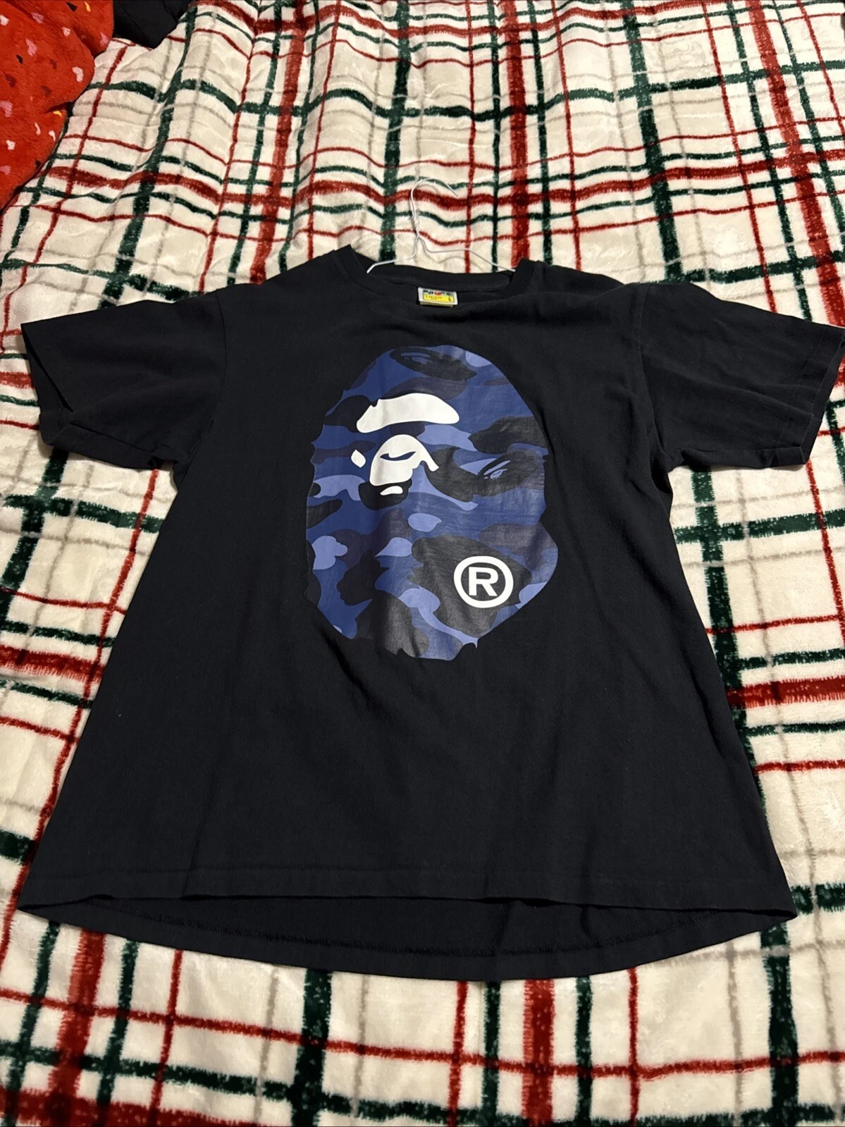 A Bathing Ape BAPE Camo Grid Big Ape Logo Head Tee Size Large Black Blue (new)