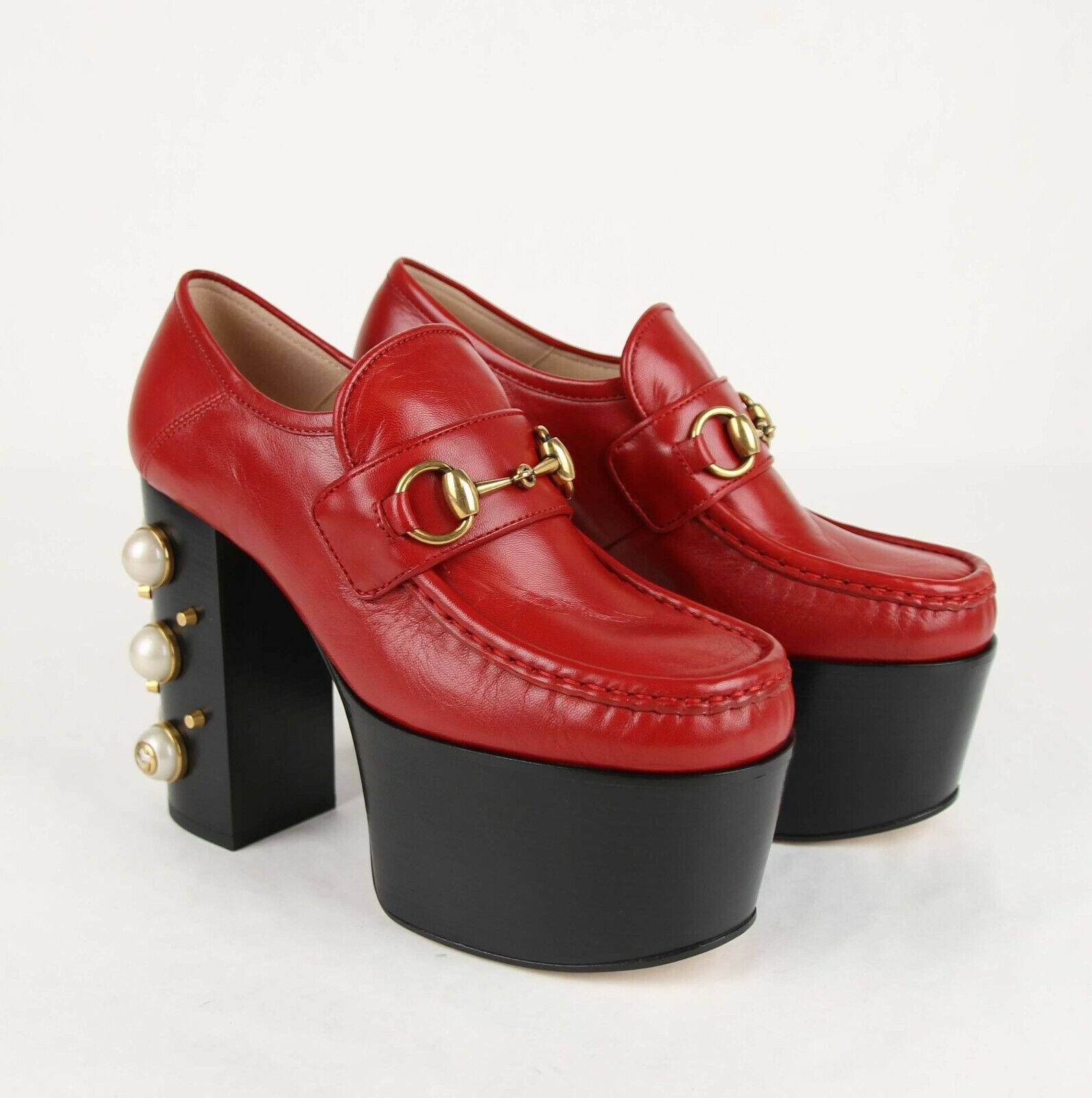 Gucci Women's Red Leather Vegas Platform Oxford Heel w/Pearls 470970 6433