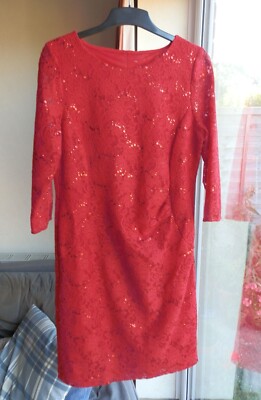 RED LACE & SEQUIN 3/4 SLEEVE DRESS (Prob 12/14...measurements given below)