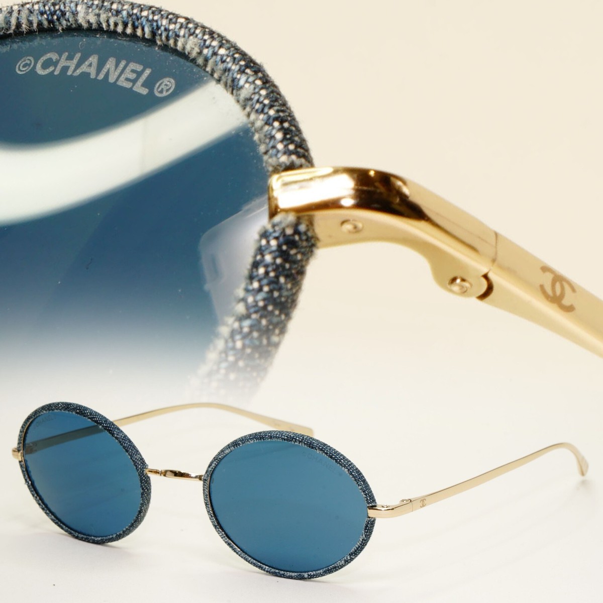 Chanel Sunglasses Denim Oval Dark Blue Gold Metal 4248-J c.395/80 50mm |  eBay UK