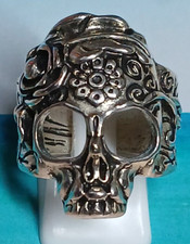 Silver Tone Steel Alloy Skull Ring Day of the Dead Rose Flower Swirls Design
